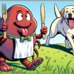 Titelbild zu Zeckenschutz für Hunde zeigt eine Comic-Zecke, die sich eine Serviettte um den Hals gebunden hat und mit Messer und Gabel in der Hand auf einen vorbeilaufenden Labrador wartet.