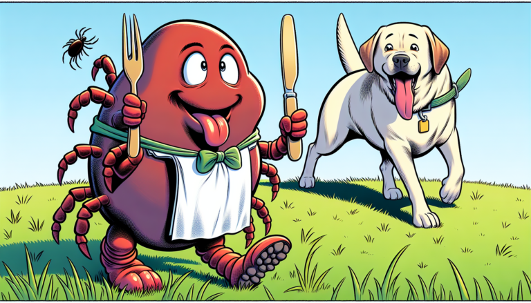 Titelbild zu Zeckenschutz für Hunde zeigt eine Comic-Zecke, die sich eine Serviettte um den Hals gebunden hat und mit Messer und Gabel in der Hand auf einen vorbeilaufenden Labrador wartet.
